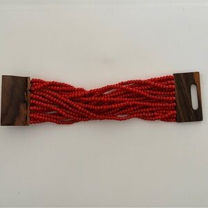 Vibrant Red Beaded Bracelet with Wooden Clasp